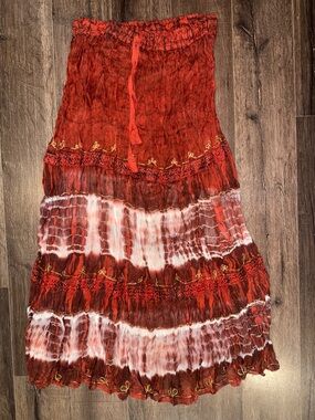 Bohemian Tie-Dye Red Tiered Maxi Skirt